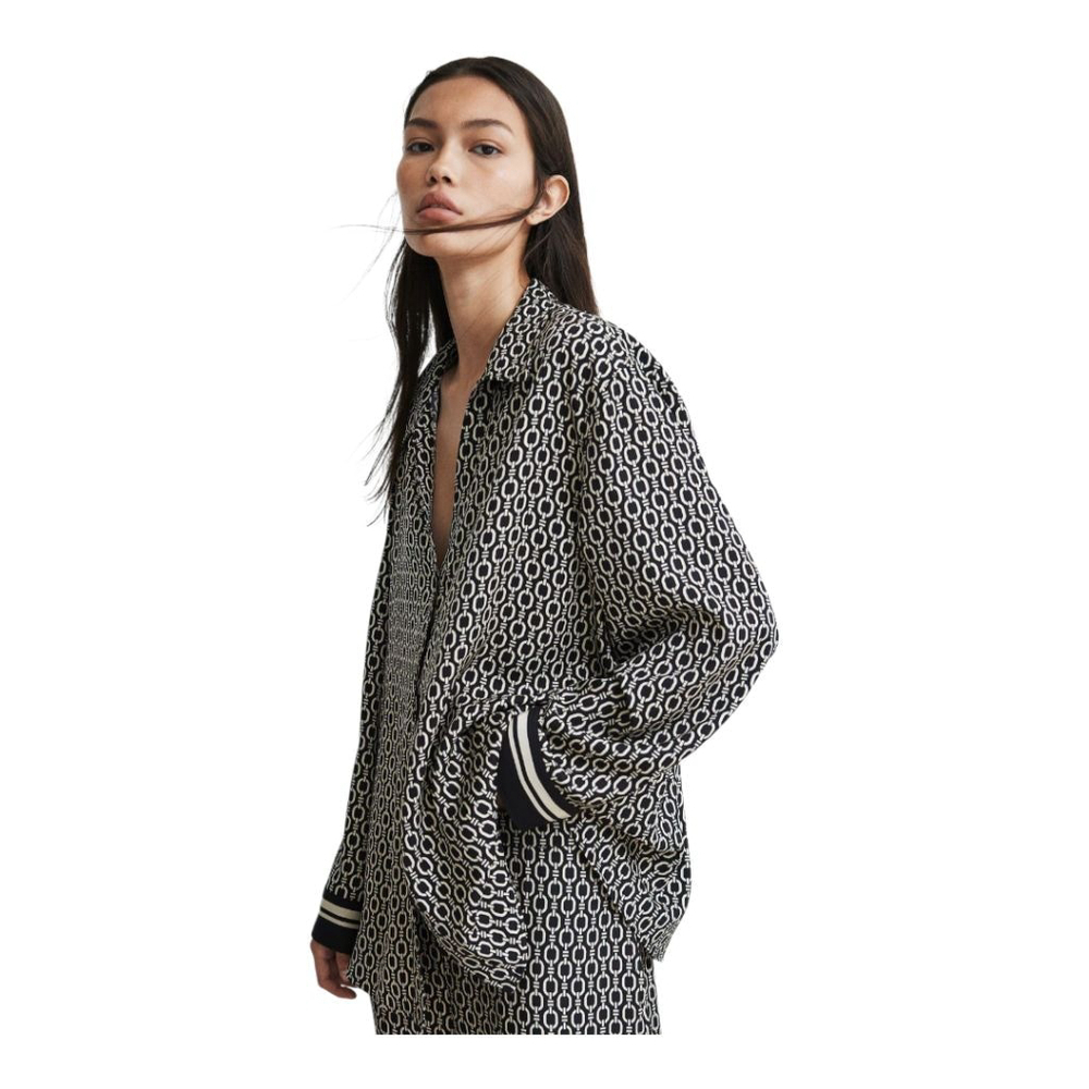 H&M Flowy Black & Ivory Chain Print Blouse with Stripped Cuffs